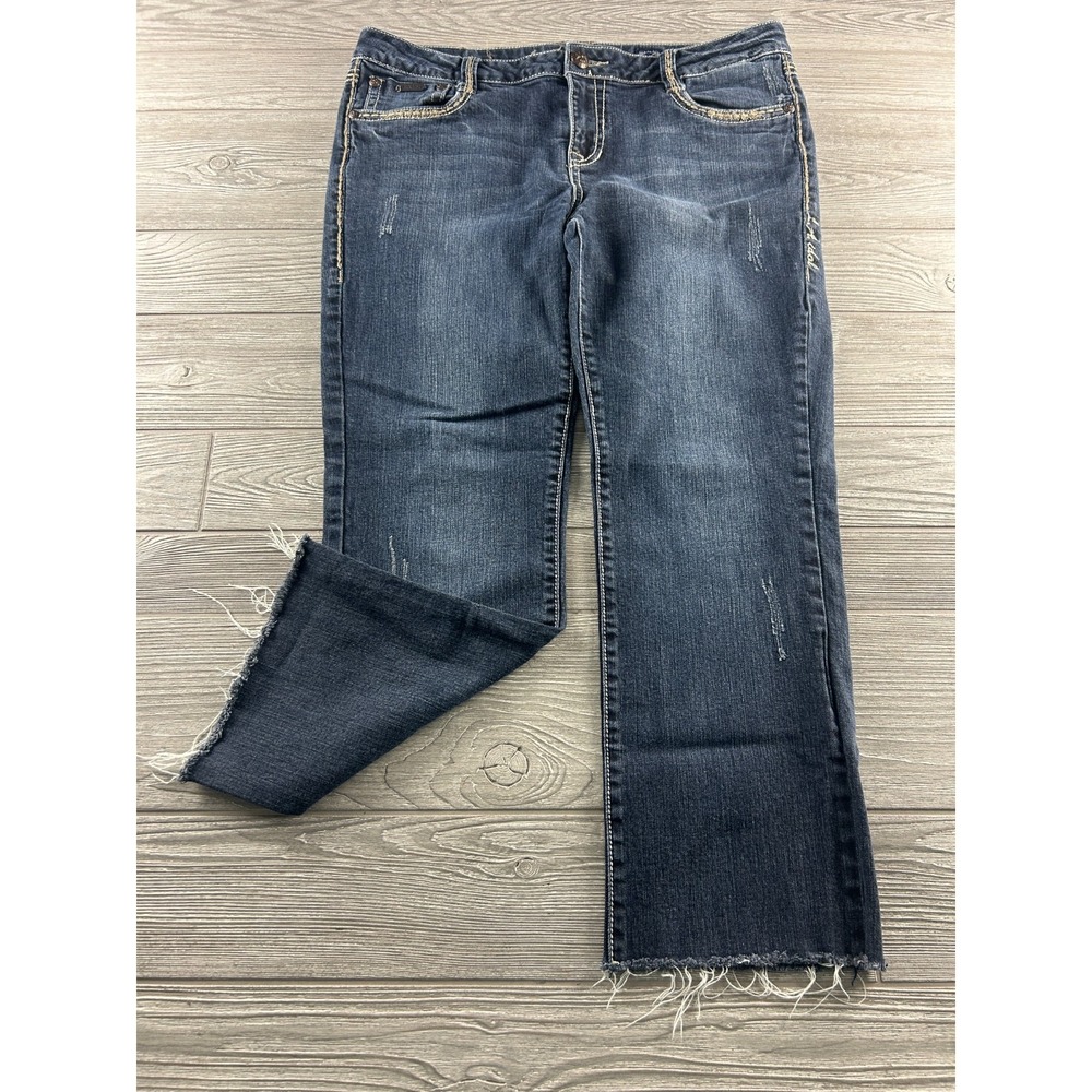LA Idol Womens Cropped Jeans Size 15 Raw Hem Dark Wash Embellished Blue Denim